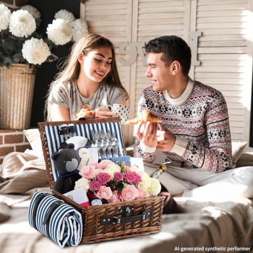 Wicker Picnic Basket for 4 with Blanket and Insulated Cooler