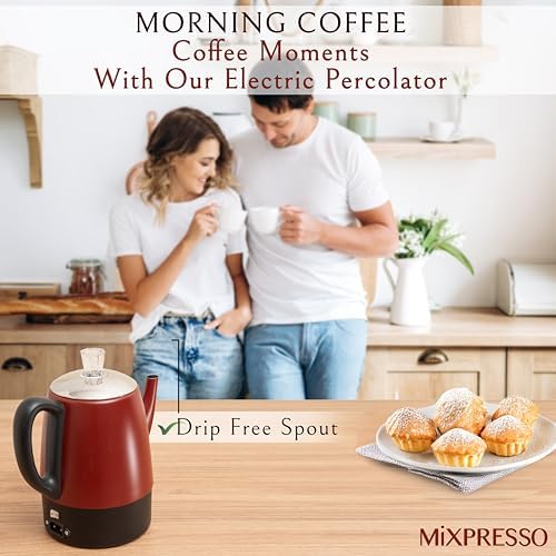 Mixpresso 4 Cup Red Small Electric Percolator Coffee Pot, Stainless Steel
