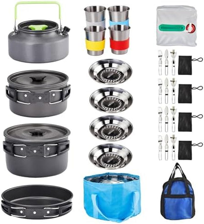 ROVSUN 34 pcs Camping Cookware Mess Kit, Lightweight Non-Stick Camping Cooking Pot and Pan Set with Stainless Steel Camping Gear Kettle Cup for Open Fire, Backpacking, Outdoor Cooking