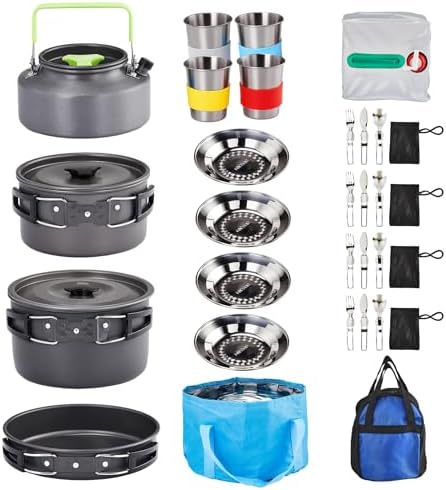 ROVSUN 34 pcs Camping Cookware Mess Kit, Lightweight Non-Stick Camping Cooking Pot and Pan Set with Stainless Steel Camping Gear Kettle Cup for Open Fire, Backpacking, Outdoor Cooking