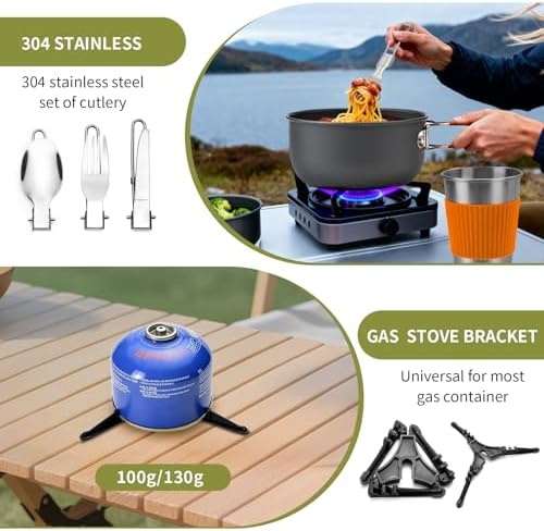 aiGear 8pcs Camping Cooking Set for 1-2 People with Pot Cutlery Stove Stand