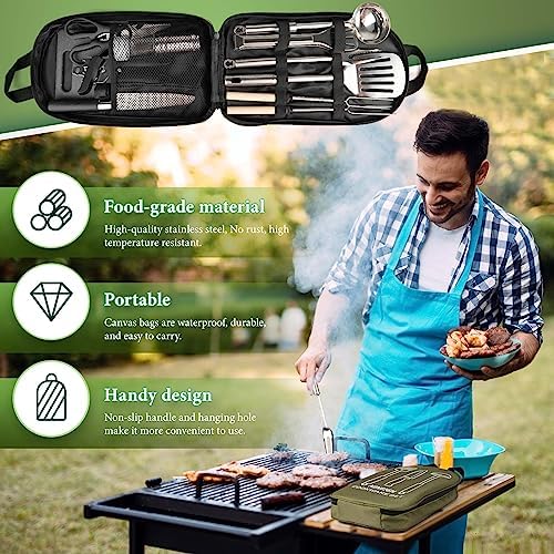 Camping Cooking Utensils Set, Stainless Steel Grill Tools, Camping BBQ Cookware Gear and Equipment for Travel Tenting RV Van Picnic Portable Kitchen Essentials Accessories