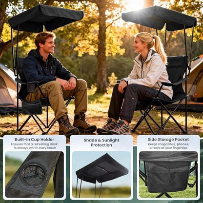 Portable Camping Chair 2 Pack with Foldable Canopy, Folding Outdoor Chair with Cup Holder & Side Pocket for Camping, Hiking, Picnic, Beach (Black)