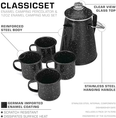COLETTI Classic Enamel Set Coffee Percolator & Mugs — The Most Nostalgic Camping Coffee Pot, Now Modernized [Black Enamel, 12 Cup Percolator Coffee Pot & Set of 4 Mugs]