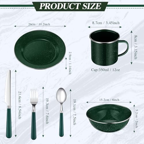 Nuogo 48 Pcs Camping Dinnerware Enamel Mugs Plates Bowls Utensils, Green