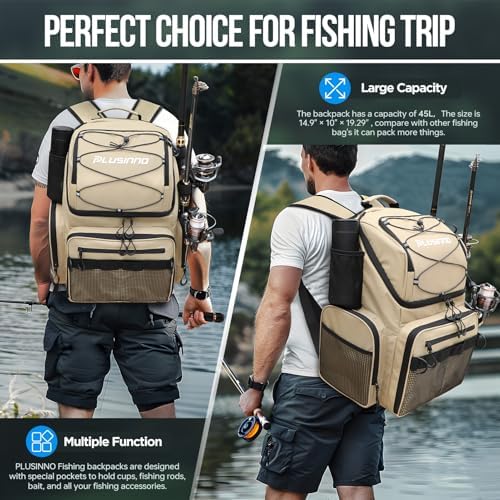 PLUSINNO Cooler Fishing Backpack with Rod Holders 45L Large Water-resistant Fishing Tackle bag Store Fishing Gear Fishing Gifts for Men Father