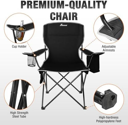 Romswi Lightweight 2Pcs Camping Chairs for Adults, Folding Lawn Chair with 4-Can Cooler Bag, Cup Holder,Collapsible Portable Outdoor Chair for Tailgating, Beach, Fishing,Black