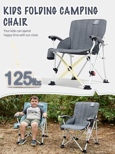 EVER ADVANCED Kids Camping Chairs with Cup Holder, Padded Folding Camping Chair Outdoor with Safety Lock, Carry Bag, Lightweight Portable Camp Chairs for Beach, Balcony, Patio, Supports 150lbs, Grey