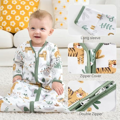 Baby Sleep Sack 6-12 Months, Long Sleeve Baby Wearable Blanket 0.5 Tog with Mittens, 2-Way Zipper Infant Cotton Sleeping Sack for Boy and Girl Green Giraffe 2 Pack (Medium)