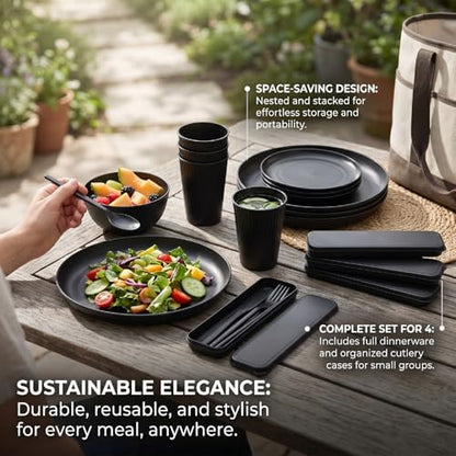 Luocute Dinnerware Set for 4, 12 Pieces Reusable Plates and Bowls Sets Microwave and Dishwasher Safe, with Cutlery Set, for Travel Camping Kitchen