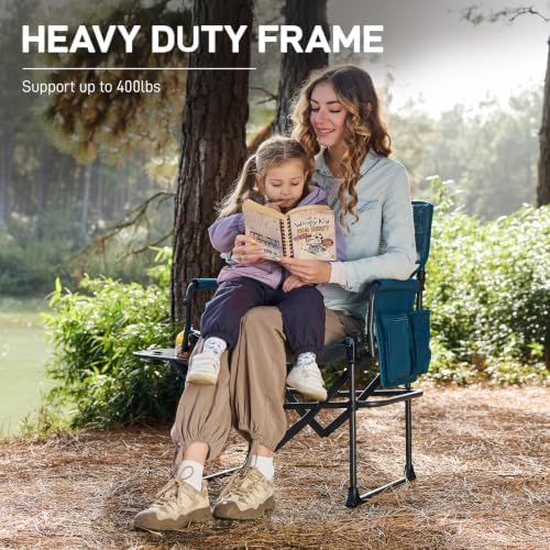 EVER ADVANCED Camping Directors' Chair with Side Table, Portable Folding with Compact Size, Breathable & Quick Dry Design Heavy Duty Lawn Chair with Pocket, 400lbs, Elastic Mesh, Blue