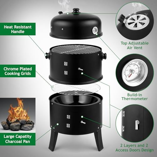 Outvita Vertical 17 Inch Charcoal BBQ Smoker, 3-in-1 Portable Grill Cooker