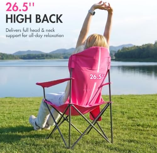 EVER ADVANCED Oversized Camping Chairs, Folding Chairs for Outside Heavy Duty 400LBS Lawn Chairs High Back Camp Chair with Cup Holder for Outdoor, Fishing & Sports, Pink