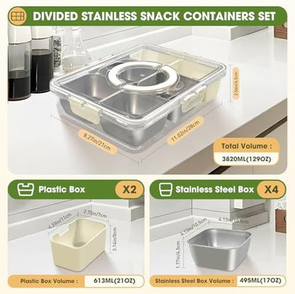 6 Compartment Snackle Box Container 3.82L with Lid & Handle, 4 PCS Stainless Steel Snacklebox and 2 PCS Plastic Box, Detachable & Dishwasher Safe, Divided Box Storage for Snack Fruit Nut