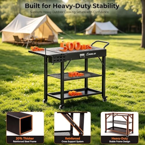 Grill Cart, 19 inch,3 Tier Foldable Grill Table with Wheels 500 Lb