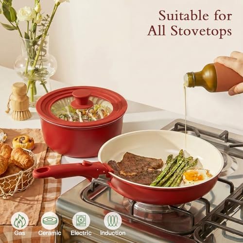 GIPP Pots and Pans Set Non Stick,Kitchen Cookware Set Detachable Handle, Non Toxic Cooking Pan Set with Frying Pans Set,RV Cookware Sets for All Stoves, Red Black Gradient, 21PCS