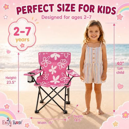 Emily Rose Kids Pink Folding Beach Camp Chair with Cup Holder Safety Lock & Carry Case - Toddler Girls Chair Ages 2-7 Indoor Outdoor Lightweight Portable - Floral Design 125lb Capacity