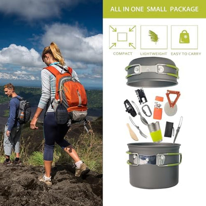 Camping Cookware Mess Kit, 16 pcs Backpacking Cooking Set, Lightweight Camping Pots and Stove Set for 1-2 Person, Outdoor Cooking Gear Ideal for Camping, Hiking, Backpacking and Picnic