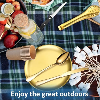 Camping Silverware Kit Cutlery Organizer Utensil Picnic Set Stainless Steel Plate Spoon Clip and Serrated Knife Wine Opener Fork Napkin Hiking - Camp Kitchen BBQ’s