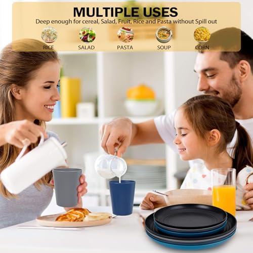 Rubtlamp 16Pcs Plastic Wheat Straw Dinnerware Set, Reusable Plastic Dishes Set for 4, Kitchen Plates And Bowls Set (Deep Four Colors) Include Dinner Plates, Dessert Plates, Cereal Bowls, Cups