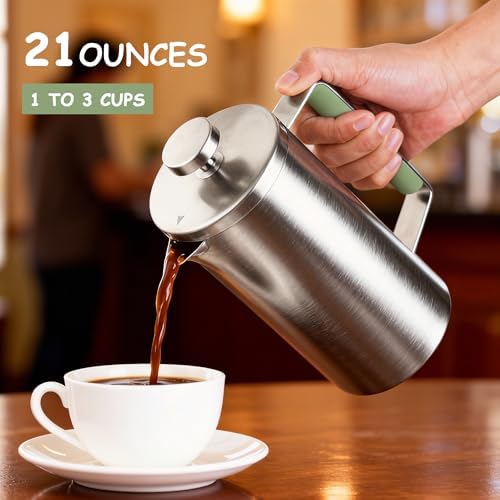 600ML French Press Coffee Maker 21OZ Camping Coffee Press with Green Handle for Personal, Office, Travel(Sanding Silver, 1-3 Cups)