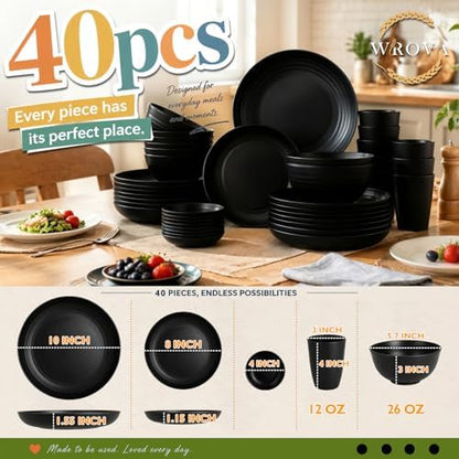 Wrova Wheat Straw Dinnerware Sets 40PCS, Black Plates and Bowls Sets for 8