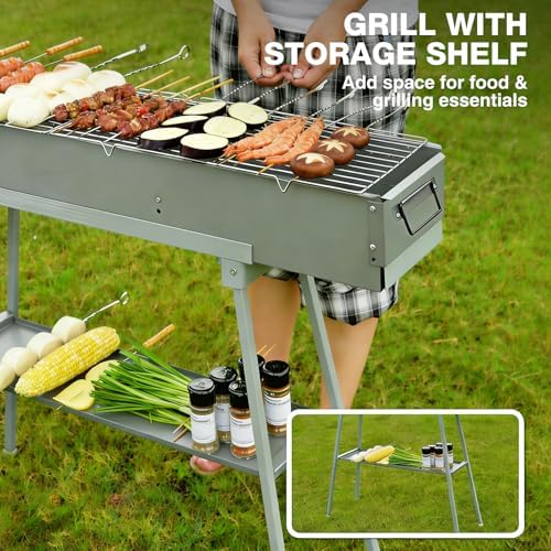 Portable Charcoal Grill with 36Pcs 14" Stainless Steel Skewers, Heavy Duty BBQ Grill with Folding Legs & 31.6x7.1" Cooking Area, Kebab Grill for Outdoor, Camping, Party, Backyard & Picnic