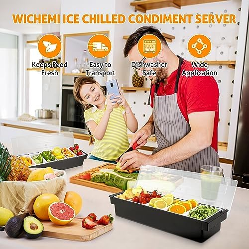 WICHEMI Ice Chilled Condiment Caddy with 5 Removable Trays and Lid, 2 Pack