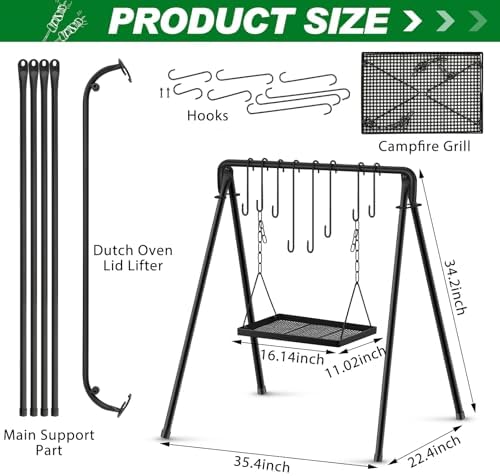 Rossesay Grill Swing Campfire Stand Campfire Cooking Equipment Adjustable Camping Accessories Cookware Hanging Rack with 8 Hooks and Portable Grill Stand for BBQ Picnic Outdoor Party