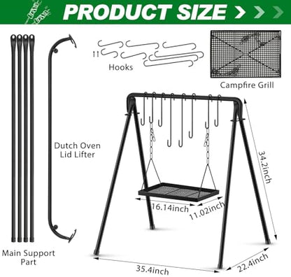 Rossesay Grill Swing Campfire Stand Campfire Cooking Equipment Adjustable Camping Accessories Cookware Hanging Rack with 8 Hooks and Portable Grill Stand for BBQ Picnic Outdoor Party