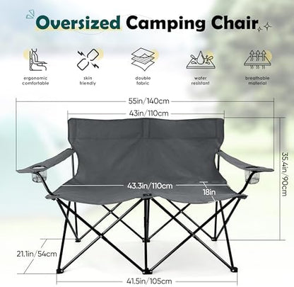 HaSteeL Foldable Camping Chair, Double Seat Folding Camp Chair for 2 Persons, Portable & Large for Outdoor Fishing, Hiking, Travel, Picnic, Beach, Lawn, Patio, Include Storage Bag (Grey)