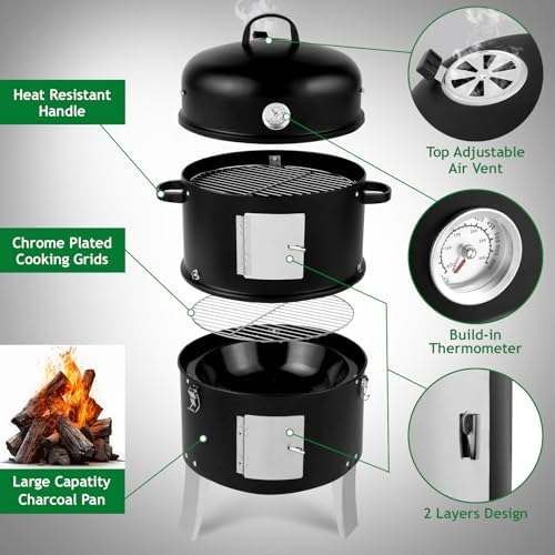 32" Portable Steel Barrel Charcoal Grill,Metal Outdoor Barbecue Smoker,Heavy Duty Outdoor BBQ Grill,Vertical Camping Barbecue Grill,with Thermometer,for Garden Patio Beach Backyard (Black)