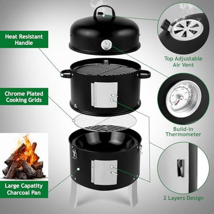 32" Portable Steel Barrel Charcoal Grill,Metal Outdoor Barbecue Smoker,Heavy Duty Outdoor BBQ Grill,Vertical Camping Barbecue Grill,with Thermometer,for Garden Patio Beach Backyard (Black)