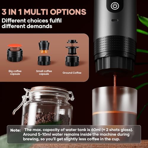 Portable Coffee Maker Espresso Machine Cafetera Portatil Personal Rechargeable Coffee Maker Small for Travel Camping usb-c Battery Espresso Maker, 3-IN-1 Compatible with Ground Coffee & NS Capsule