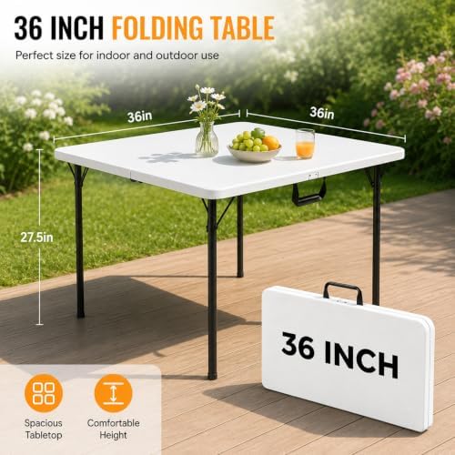 Folding Table, 36in Folding Table Portable with Built-in Handle, Plastic Table with Heavy Duty Steel Legs Supports to 300lbs, Suitable for Party, Camping, Events Indoor&Outdoor Use, White