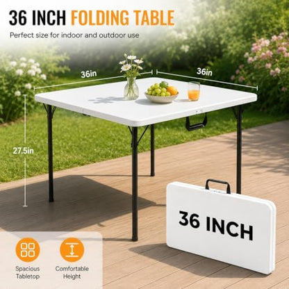 Folding Table, 36in Folding Table Portable with Built-in Handle, Plastic Table with Heavy Duty Steel Legs Supports to 300lbs, Suitable for Party, Camping, Events Indoor&Outdoor Use, White