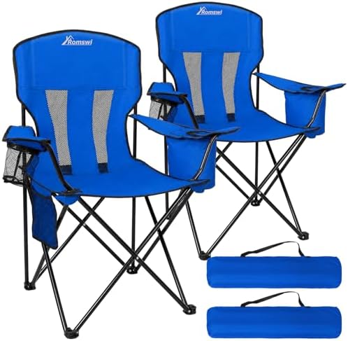 Camping Chairs for Adults 2 Pack, Folding Chair with 4-Can Cooler Bag & Cup Holder, Portable Heavy Duty Outdoor Chair with Mesh Back for Camping, Beach, Lawn, Fishing, Blue