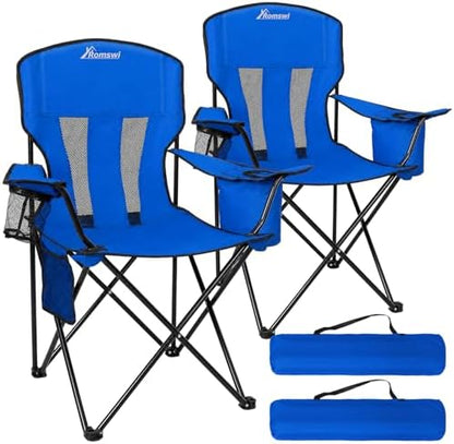 Camping Chairs for Adults 2 Pack, Folding Chair with 4-Can Cooler Bag & Cup Holder, Portable Heavy Duty Outdoor Chair with Mesh Back for Camping, Beach, Lawn, Fishing, Blue