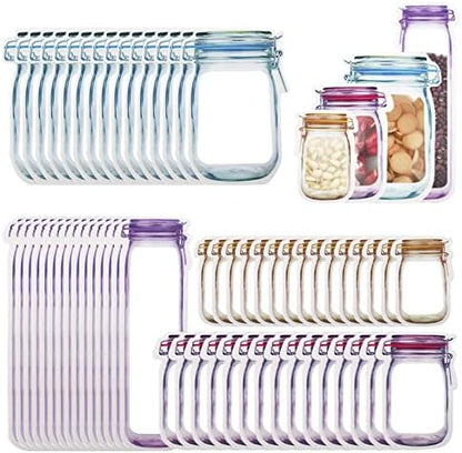 60Pcs Mason Jar Zipper Bags Reusable Snack Bags Portable Food Storage Snack Zipper Bags for Kitchen Travel Camping Picnic Organizer (15S 15M 15L 15T)