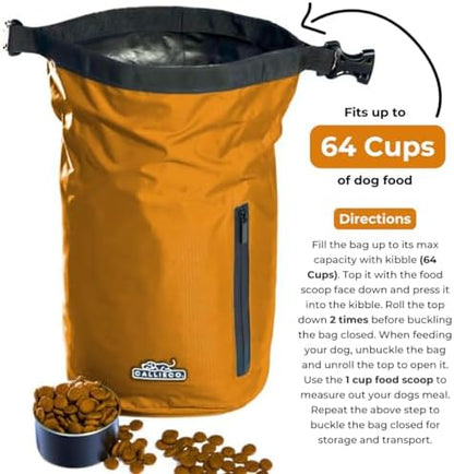 Callieco Dog Food Travel Bag w/ 1 Cup Scoop and Zipper Side Pocket | Waterproof Kibble Storage Container for Home, Road Trips, Camping, Boarding and More (Orange, 64 Cups)