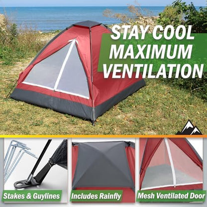 2 Person Camping Tent with Rain Fly and Carrying Bag - Lightweight Outdoor Pop Up Tents for Camping Essentials, Music Festivals, Backpacking, Hiking, or Beach Shelter by Wakeman Outdoors