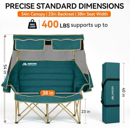 Huskfirm Double Camping Chair with Canopy Shade Folding Heavy Duty Green