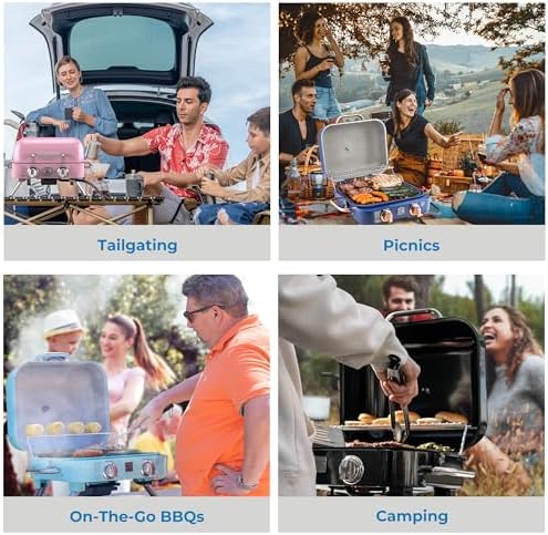 Kenmore 2-Burner Portable Gas Grill, Tabletop BBQ Grill with Warming Rack, Foldable Legs, Stainless Steel Burners, Fits 5 & 20 lb Propane Tanks, Ideal for Camping & Tailgating, Black & Copper