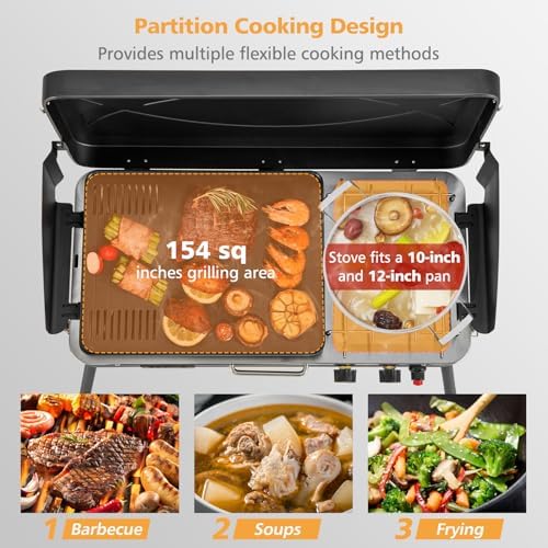 2-Burner Gas Camping Stove, Portable BBQ Grill with Detachable Legs, Roast Grill & 3-Sided Wind Screen, 22,000 Total BTUs of Power, Outdoor Propane Burner Grill Stove for Picnic (Black)