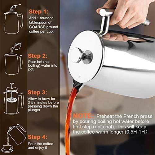 Secura French Press Coffee Maker, 34-Ounce, 304 Stainless Steel Insulated Coffee Press with Extra Screen (Pack of 2)