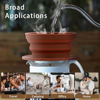 Collapsible Paperless Pour Over Coffee Dripper with Reusable Stainless Steel Coffee Filter, Single Cup Travel Pour Over Coffee Maker Camping, Portable Silicone Drip Coffee Maker Pour Over Brown