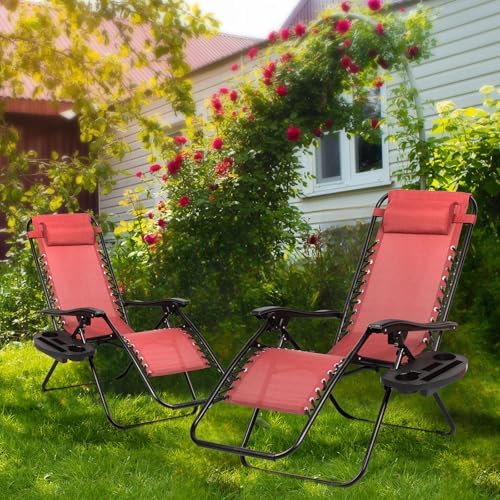 Nazhura Set of 2 Relaxing Recliners Patio Chairs Adjustable Steel Mesh Zero Gravity Lounge Chair Beach Chairs with Pillow and Cup Holder Khaki (Pink)
