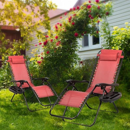 Nazhura Set of 2 Relaxing Recliners Patio Chairs Adjustable Steel Mesh Zero Gravity Lounge Chair Beach Chairs with Pillow and Cup Holder Khaki (Pink)