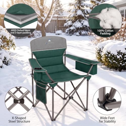 Heated Camping Chairs 2 Pack - Heavy Duty 400LBS Padded Lawn Chair with Cup Holder,Side Pocket,Collapsible for Outdoor,Camp,Fishing & Garden,Dark Green,Battery NOT Included
