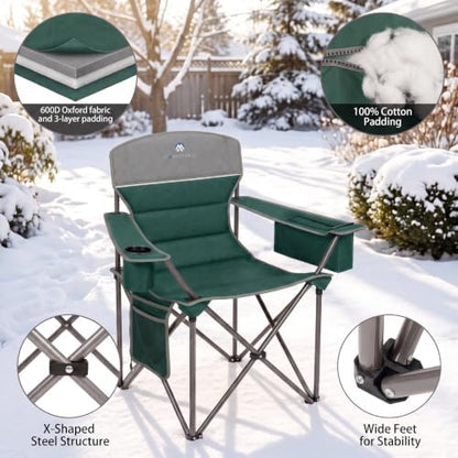 Heated Camping Chairs 2 Pack - Heavy Duty 400LBS Padded Lawn Chair with Cup Holder,Side Pocket,Collapsible for Outdoor,Camp,Fishing & Garden,Dark Green,Battery NOT Included